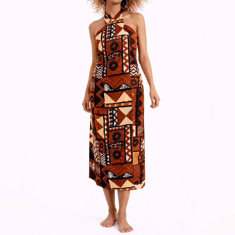 Vintage Hawaiian Tribal Geometric Triangle Zigzag Print Wrap Halter Dress Sarong